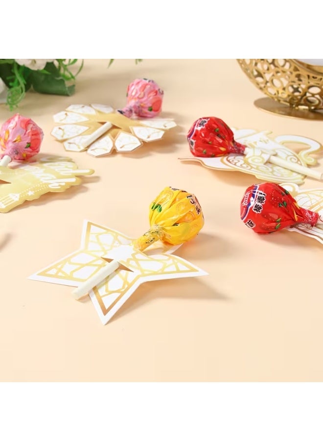 48PCS Eid Mubarak Lollipop Holder Cards – White, Green & Gold Moon Star Design Paper Candy Covers for Ramadan & Eid Al-Fitr Party Favors - Image 2